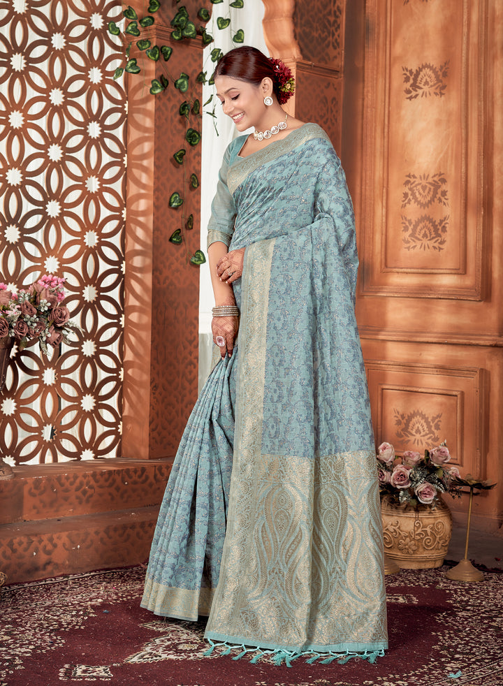 Cool Denim Chanderi Paisley Saree Weavekaari