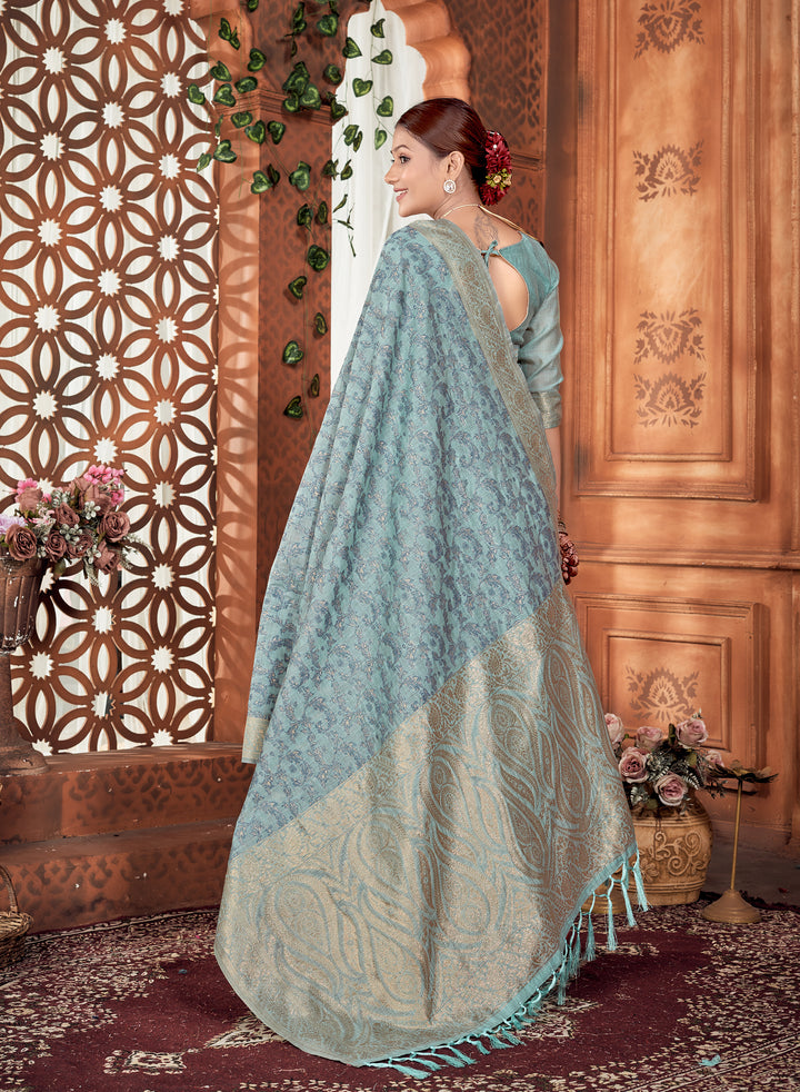 Cool Denim Chanderi Paisley Saree Weavekaari