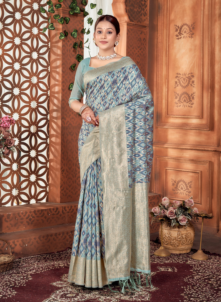 Denim Blue Ikat Saree Weavekaari