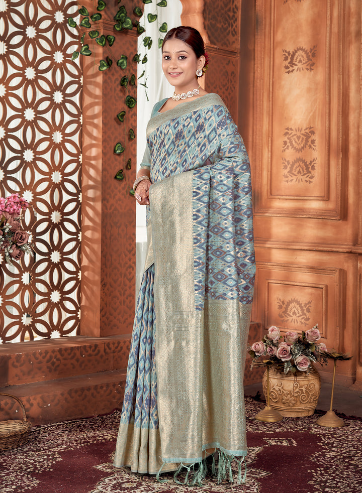 Denim Blue Ikat Saree Weavekaari