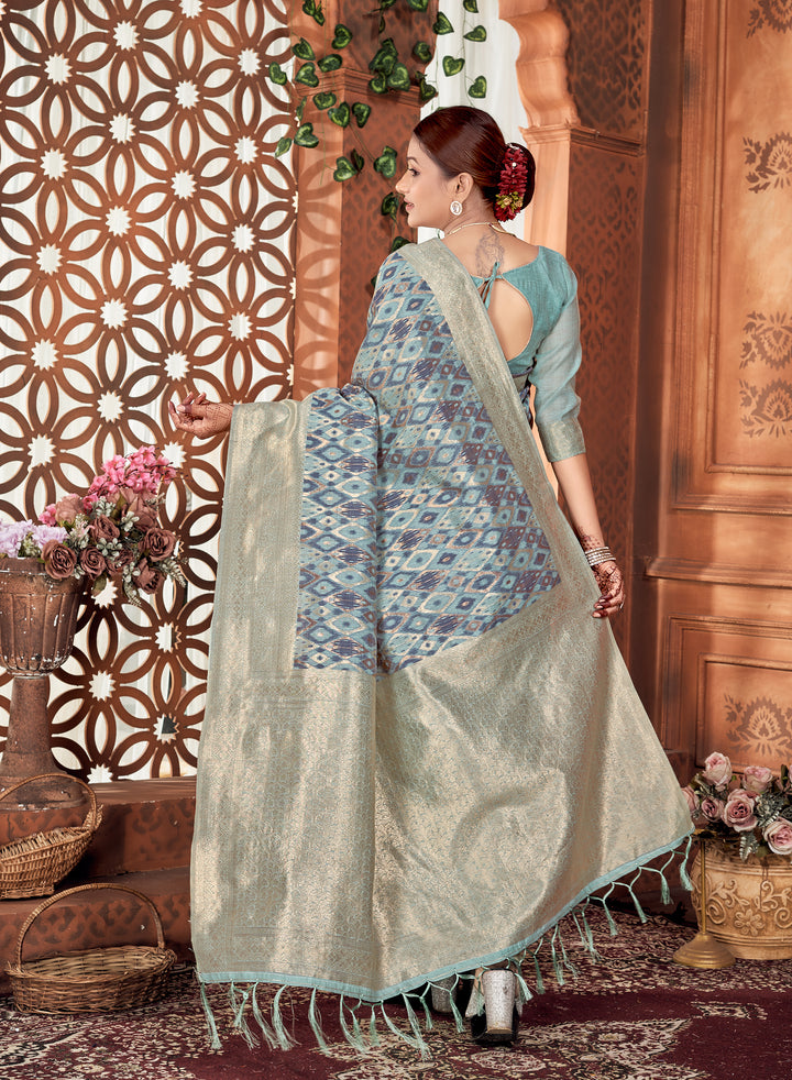 Denim Blue Ikat Saree Weavekaari