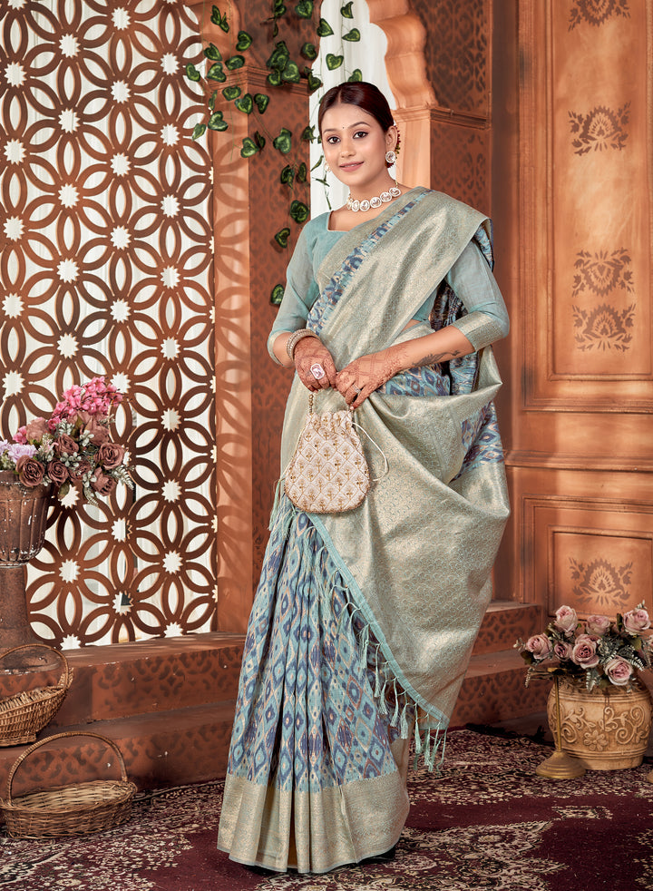 Denim Blue Ikat Saree Weavekaari