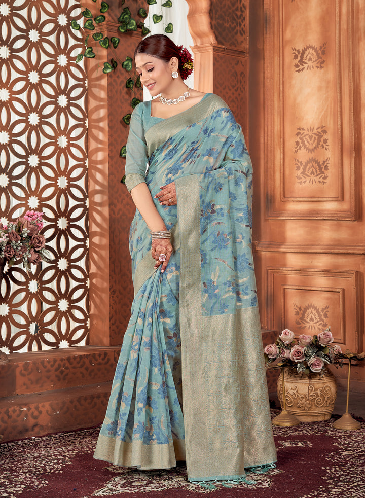 Powder Blue Chanderi Paisley Saree Weavekaari