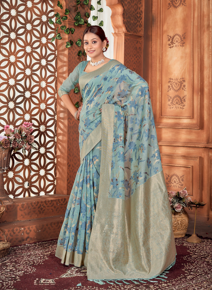 Powder Blue Chanderi Paisley Saree Weavekaari