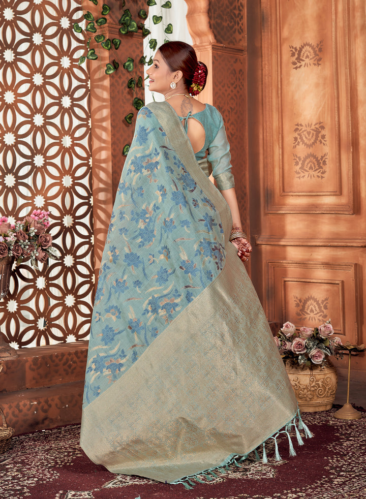 Powder Blue Chanderi Paisley Saree Weavekaari