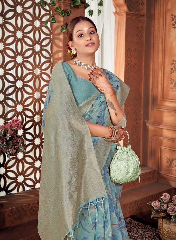 Powder Blue Chanderi Paisley Saree Weavekaari