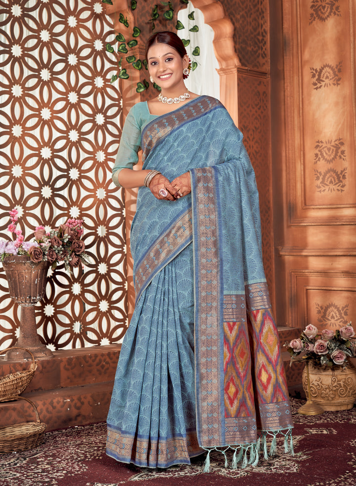 Denim Blue Ikat Pallu Saree Weavekaari