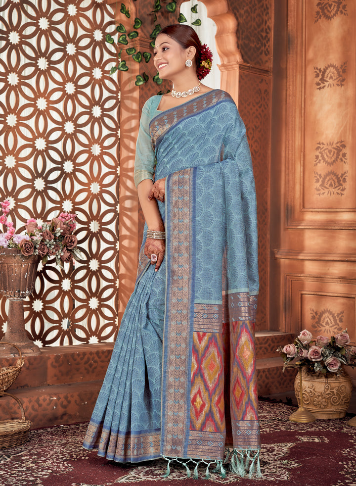 Denim Blue Ikat Pallu Saree Weavekaari