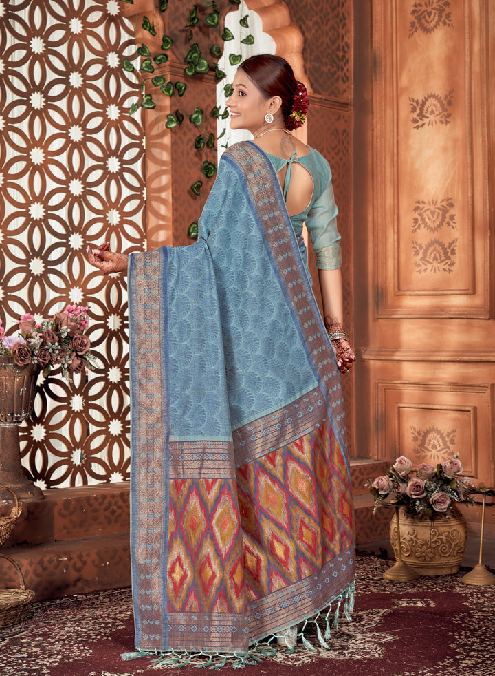 Denim Blue Ikat Pallu Saree Weavekaari