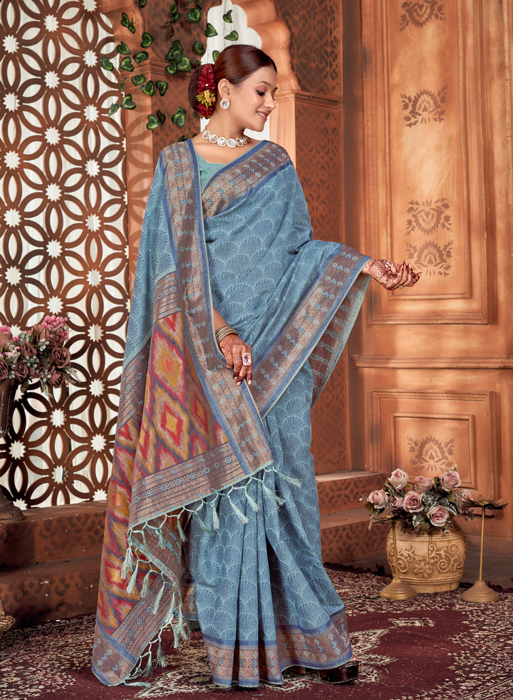 Denim Blue Ikat Pallu Saree Weavekaari