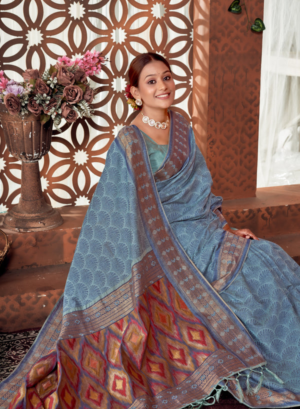 Denim Blue Ikat Pallu Saree Weavekaari