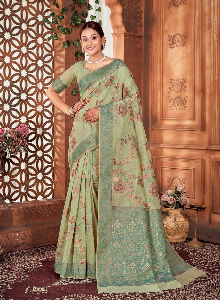 Lime Green Meenakari Jaal Saree Weavekaari