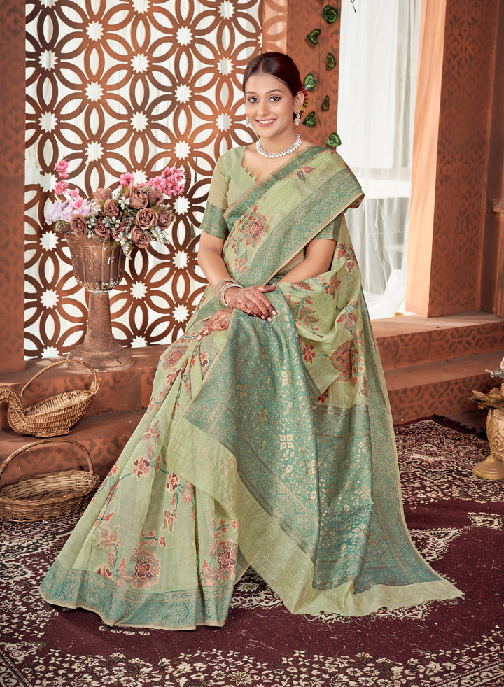 Lime Green Meenakari Jaal Saree Weavekaari