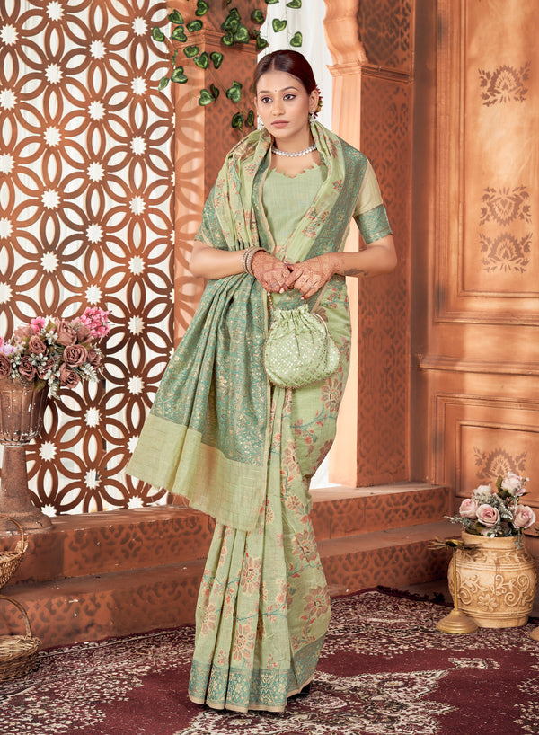 Lime Green Meenakari Jaal Saree Weavekaari