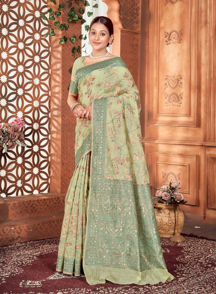 Lime Green Meenakari Jaal Saree Weavekaari