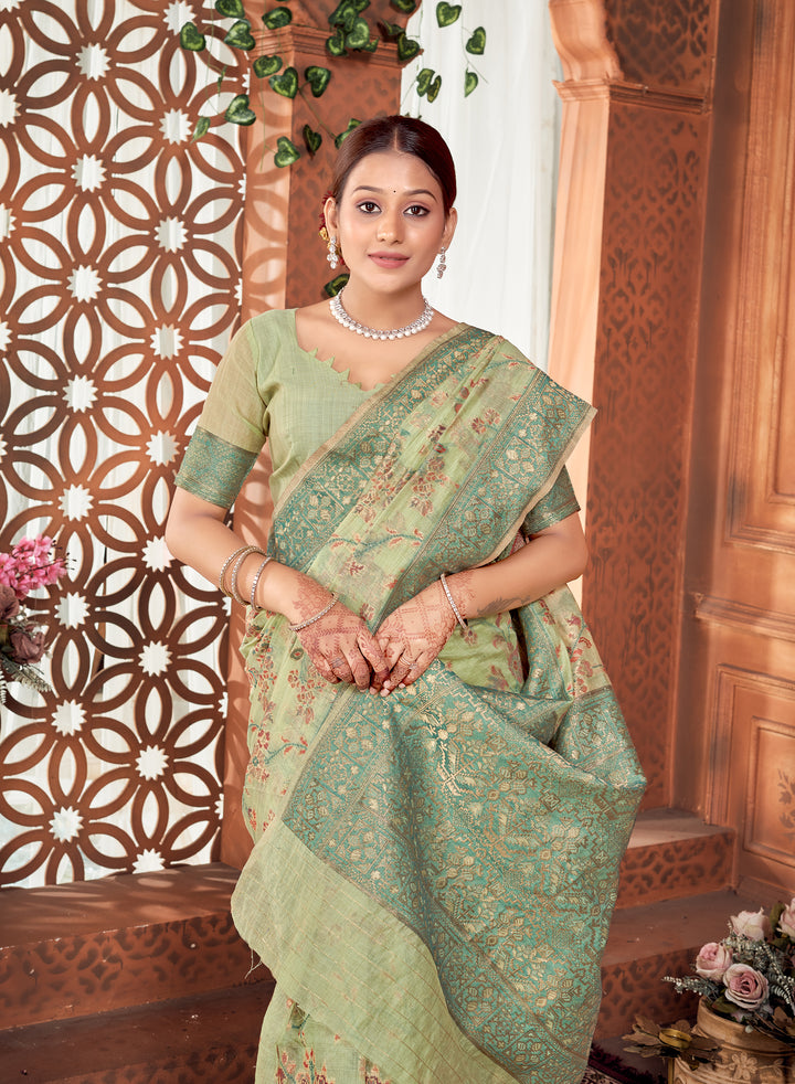 Lime Green Meenakari Jaal Saree Weavekaari