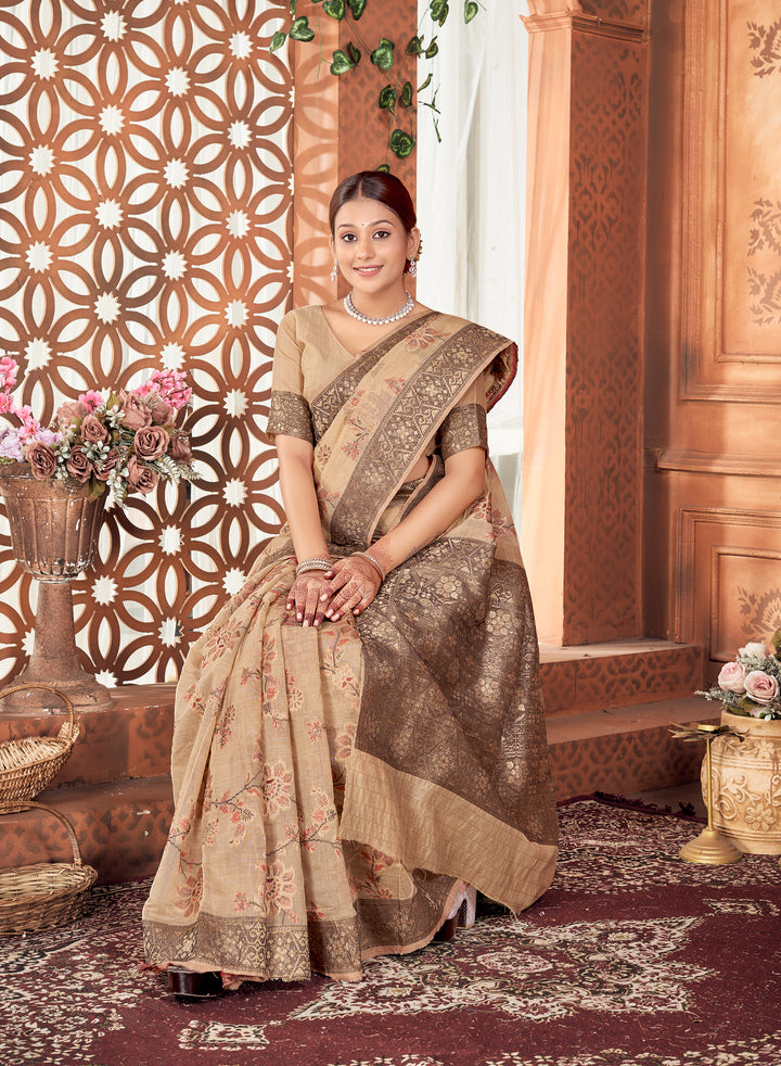 Beige Meenakari Jaal Saree Weavekaari