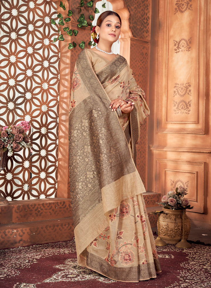 Beige Meenakari Jaal Saree Weavekaari