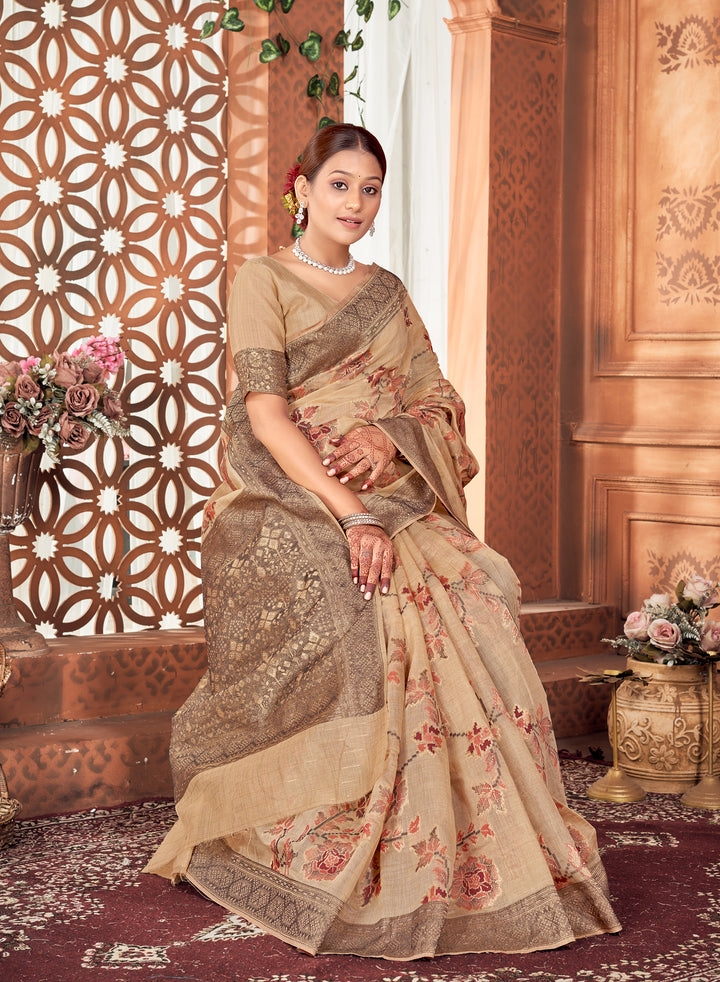 Beige Meenakari Jaal Saree Weavekaari