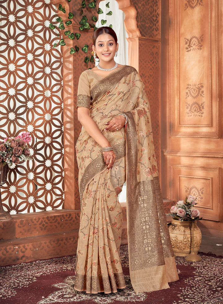 Beige Meenakari Jaal Saree Weavekaari