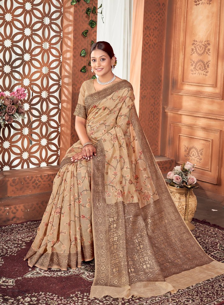 Beige Meenakari Jaal Saree Weavekaari