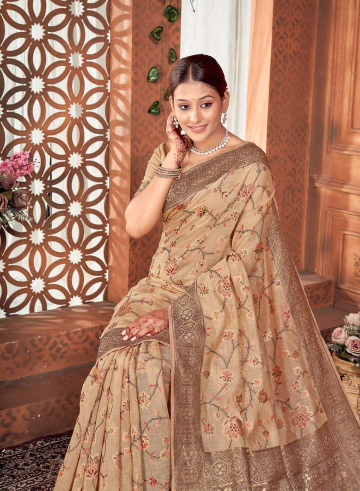 Beige Meenakari Jaal Saree Weavekaari