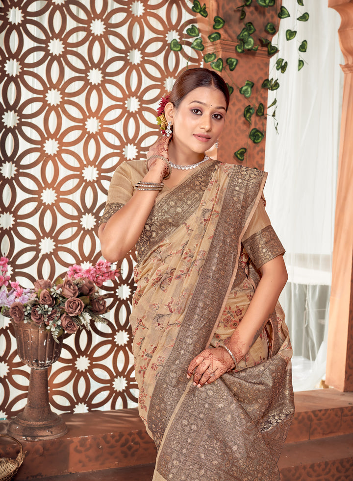 Beige Meenakari Jaal Saree Weavekaari