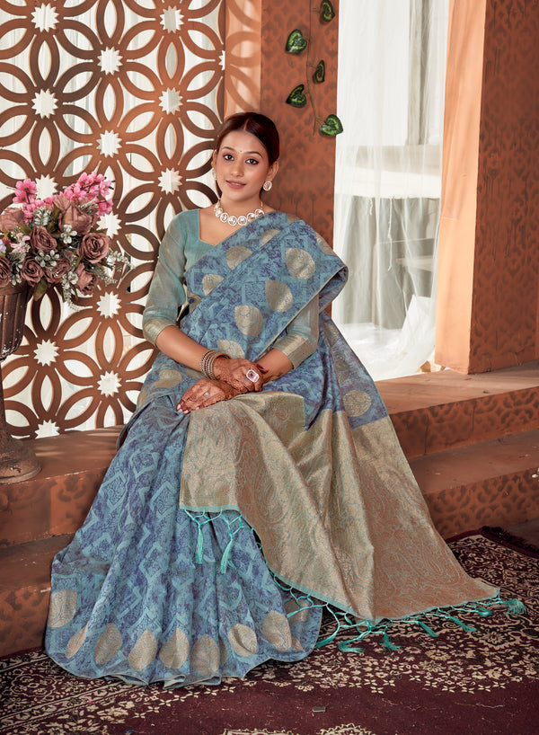 Denim Blue Chanderi Saree Weavekaari