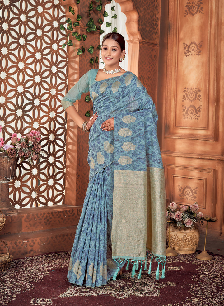 Denim Blue Chanderi Saree Weavekaari