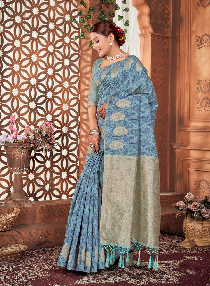 Denim Blue Chanderi Saree Weavekaari