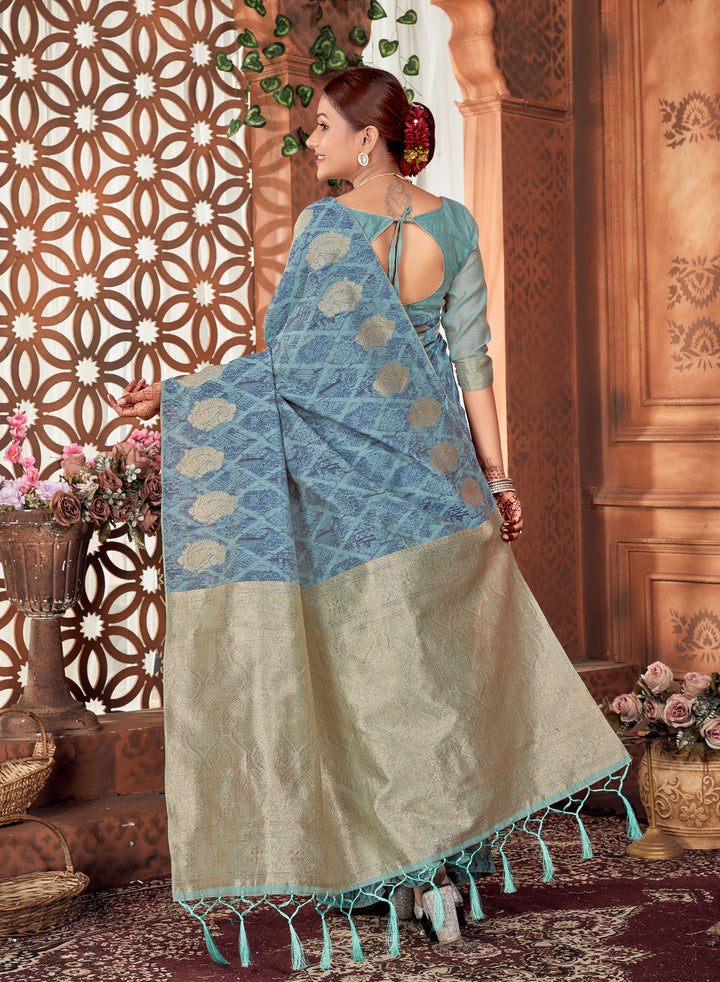 Denim Blue Chanderi Saree Weavekaari