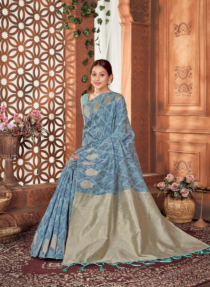 Denim Blue Chanderi Saree Weavekaari