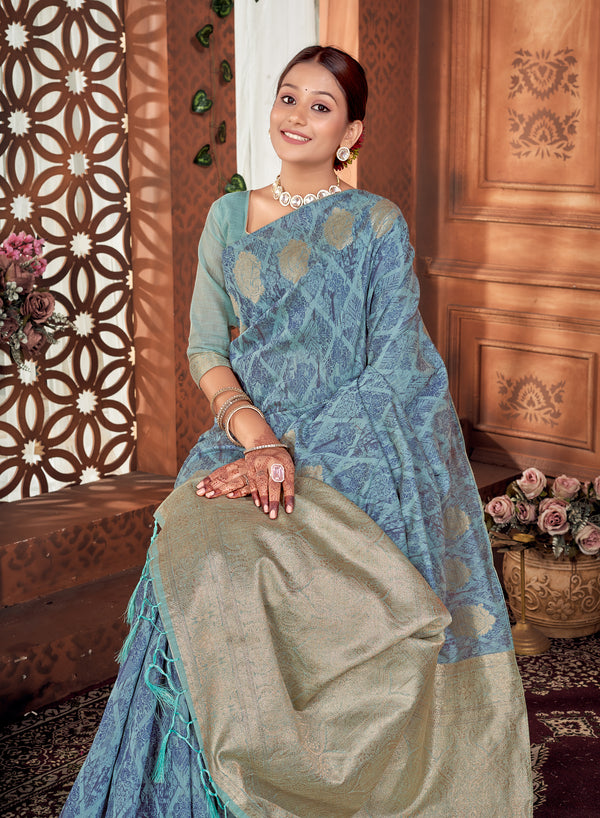 Denim Blue Chanderi Saree Weavekaari