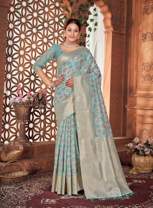 Powder Blue Patola Saree Weavekaari