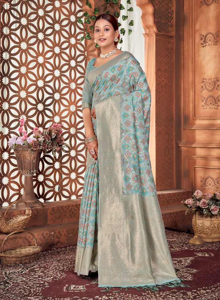 Powder Blue Patola Saree Weavekaari