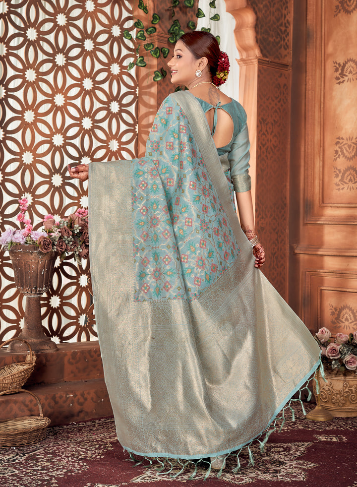 Powder Blue Patola Saree Weavekaari