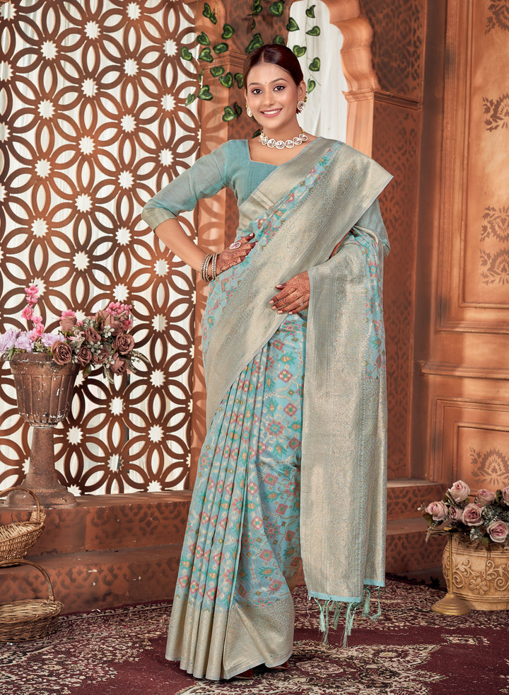 Powder Blue Patola Saree Weavekaari