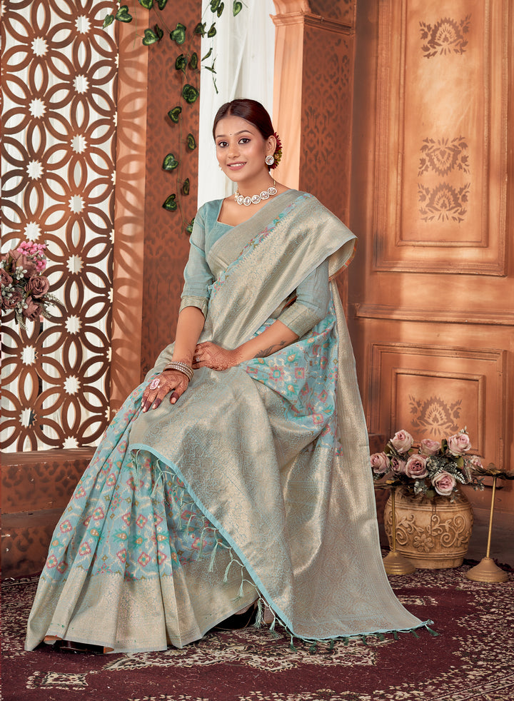 Powder Blue Patola Saree Weavekaari