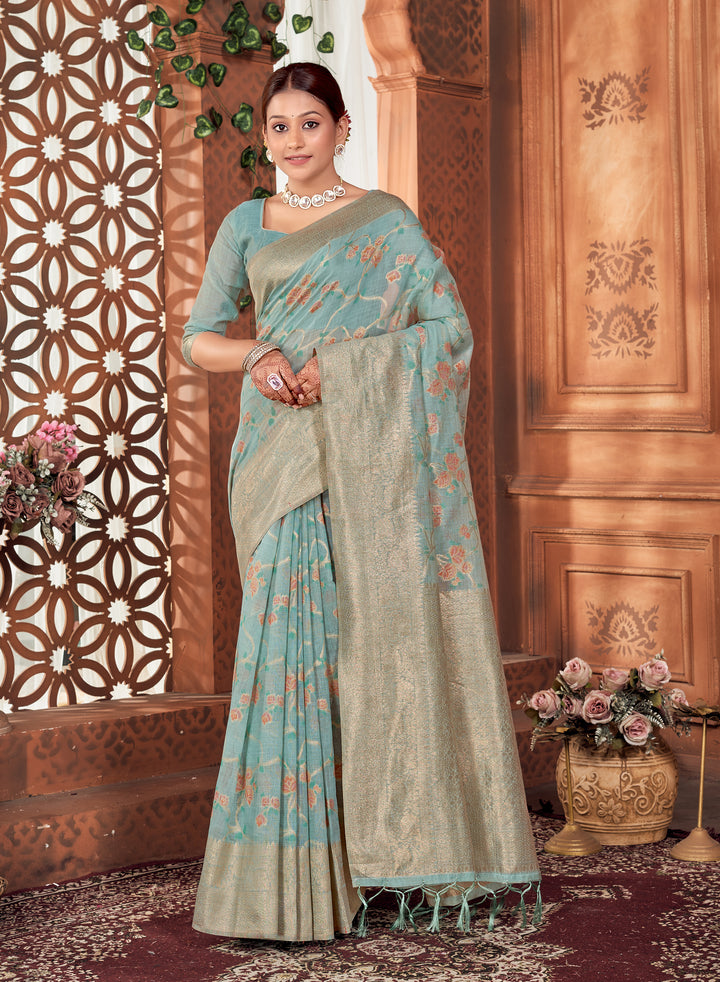 Powder Blue Meenakari Chanderi Saree Weavekaari