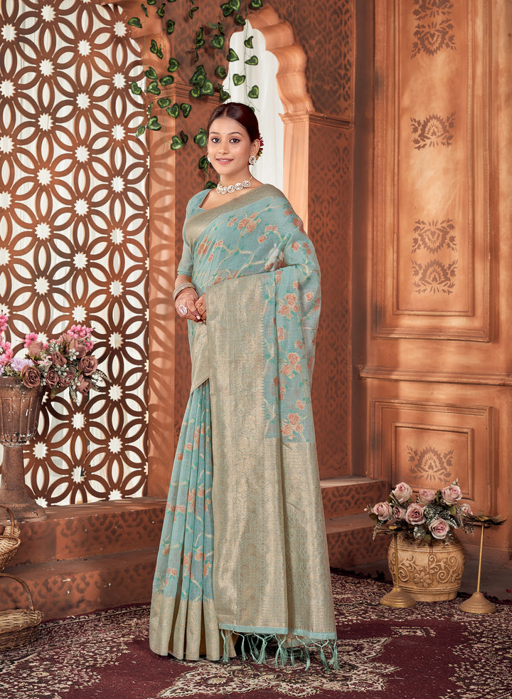 Powder Blue Meenakari Chanderi Saree Weavekaari