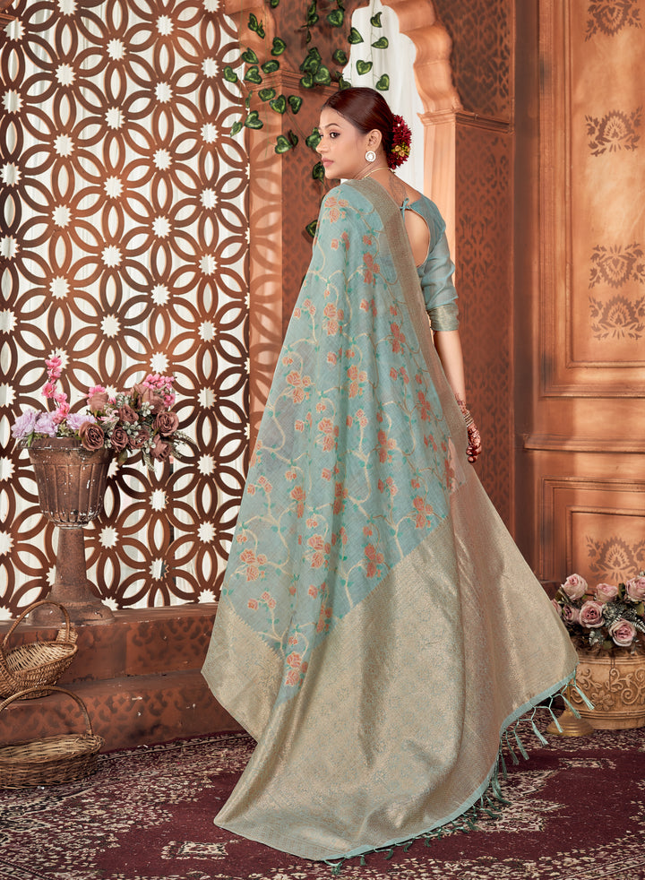 Powder Blue Meenakari Chanderi Saree Weavekaari