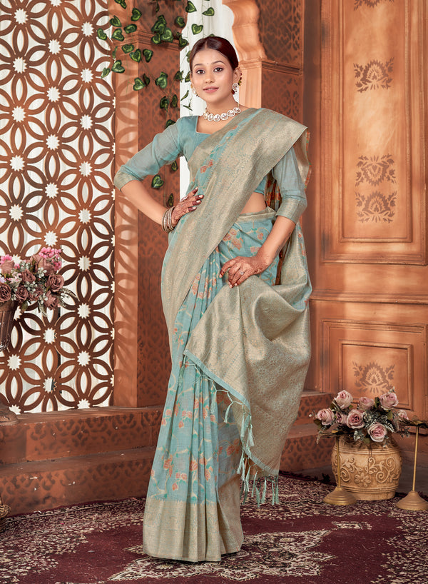 Powder Blue Meenakari Chanderi Saree Weavekaari