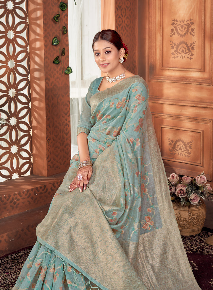 Powder Blue Meenakari Chanderi Saree Weavekaari