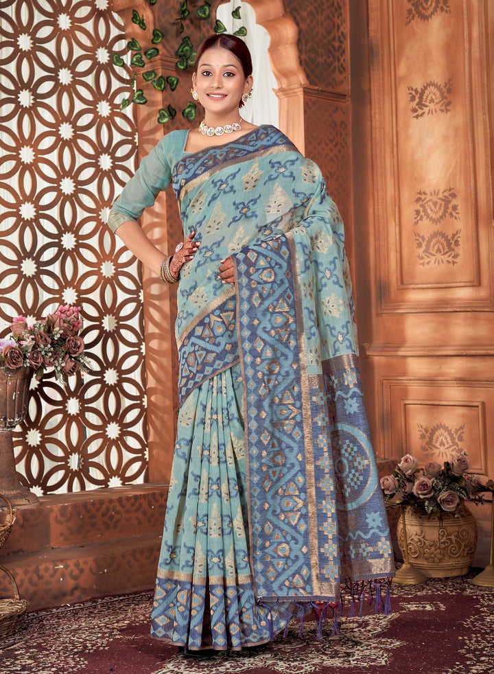 Powder Blue Chanderi Saree Weavekaari