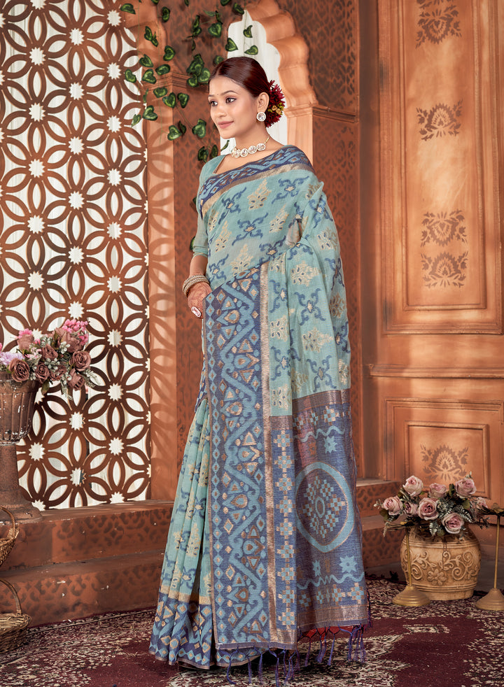 Powder Blue Chanderi Saree Weavekaari