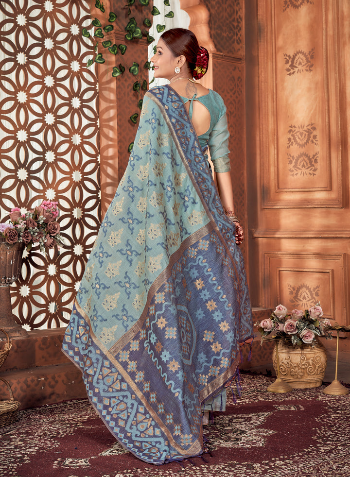 Powder Blue Chanderi Saree Weavekaari