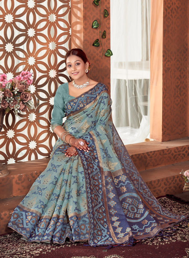 Powder Blue Chanderi Saree Weavekaari