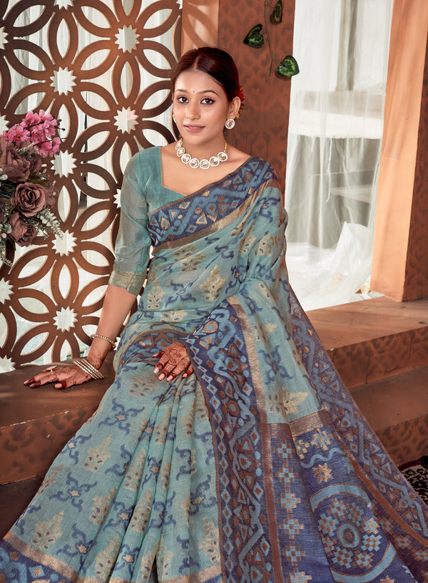 Powder Blue Chanderi Saree Weavekaari