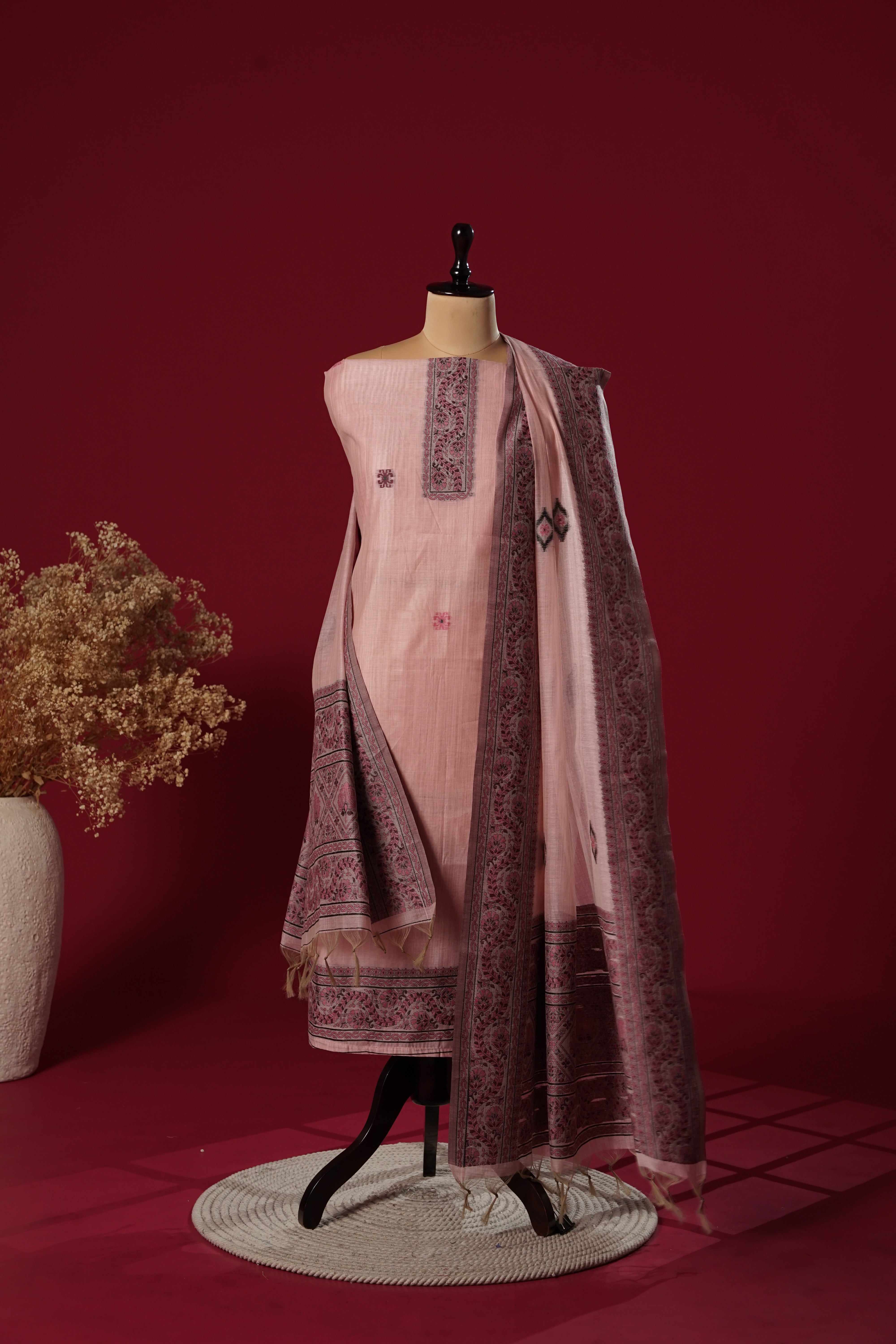 Tulip Pink Muga Cotton Suit Piece