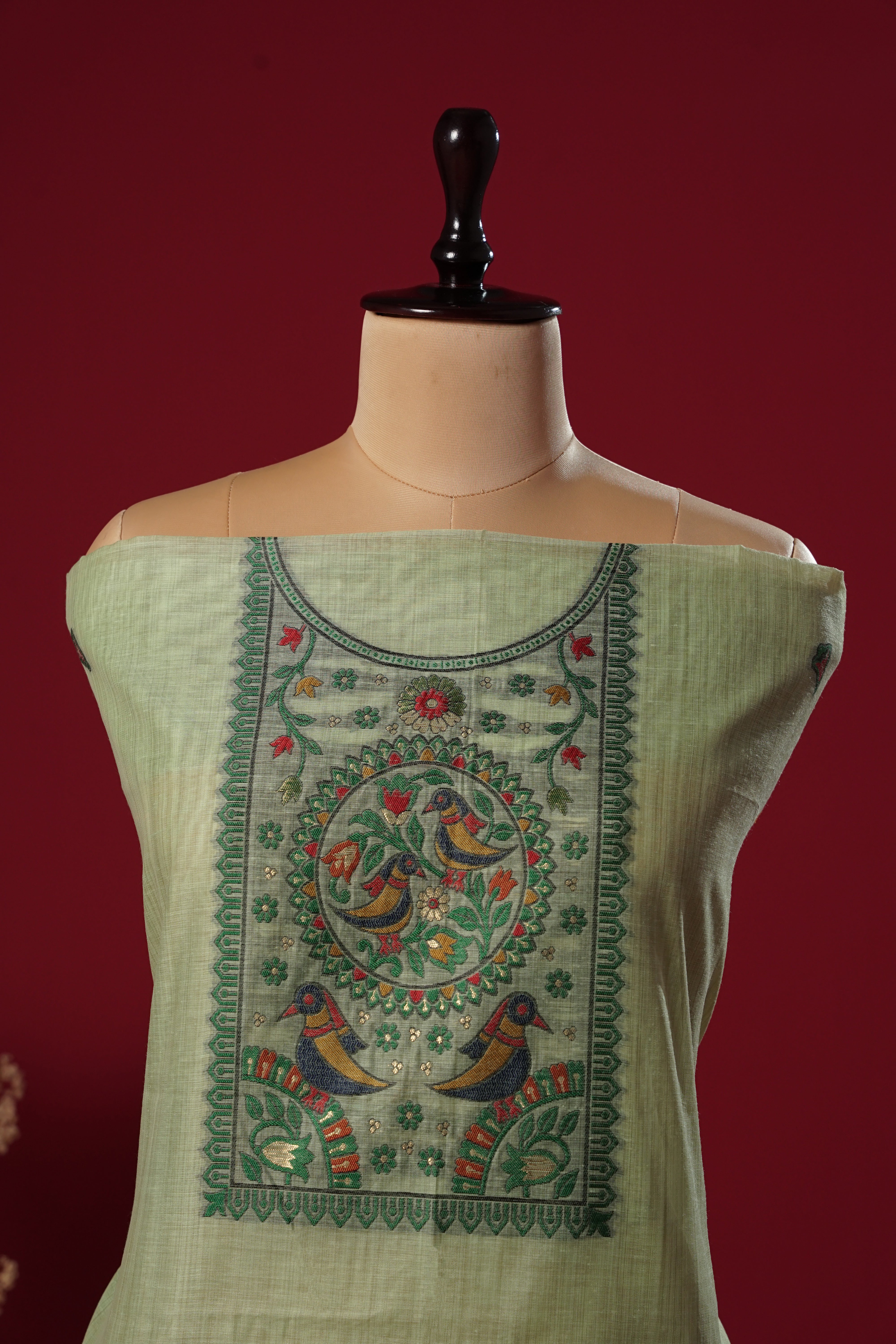 Oasis Green Muga Cotton Suit Piece